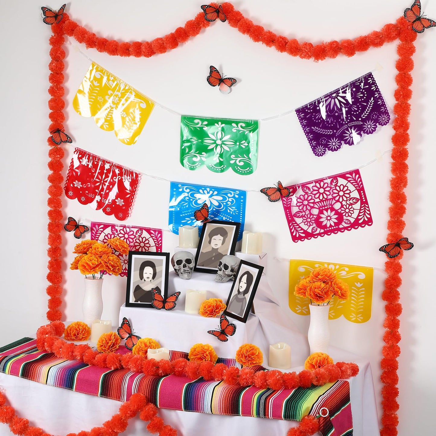 Thiccywoov 50 Pcs Dia De Los Muertos Ofrendas Altar Decorations, Day of the Dead Altar Decor Included Marigold Flower Garland Monarch Butterfly Skull Candle Frame Mexican Banner and Tablecloth