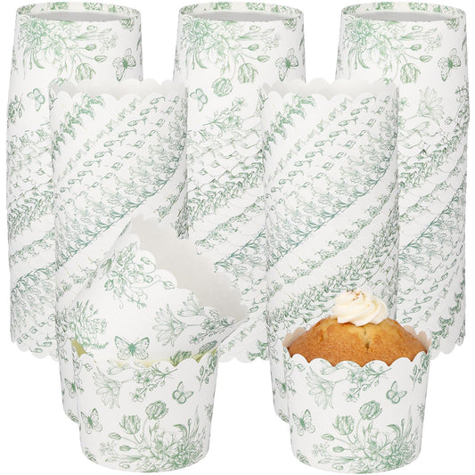 Qinyoung 150 Pcs Sage Green Floral Cupcake Wrappers Liners Chinoiserie Green Wildflower Paper Baking Cups Cupcake Disposable Cottagecore Muffin Cases for Wedding Baby Shower Birthday Tea Party Decor