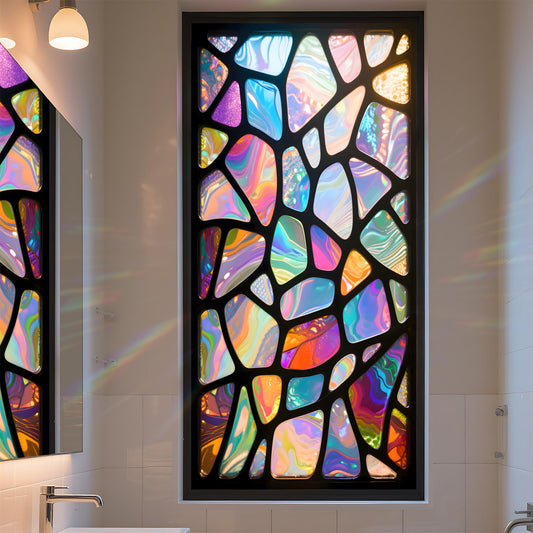 AOHMPT Stained Glass Window Privacy Film: Non-Adhesive Sun and Landscape Mosaic Design, Removable Stickers Window Covering for Home Decor (Z1584)