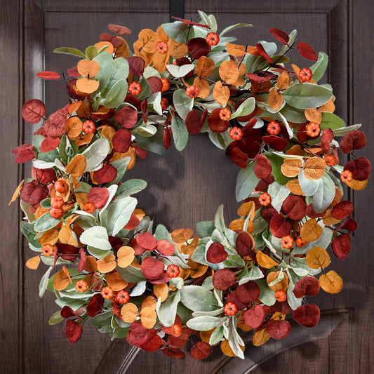 Waipfaru Fall Decor, 22 Inch Fall Wreaths for Front Door, Autumn Door Wreath with Lambs Ears Leave Eucalyptus Leaves Pumpkin Thanksgiving Harvest Halloween Farmhouse Home Outdoor Porch Indoor Decor