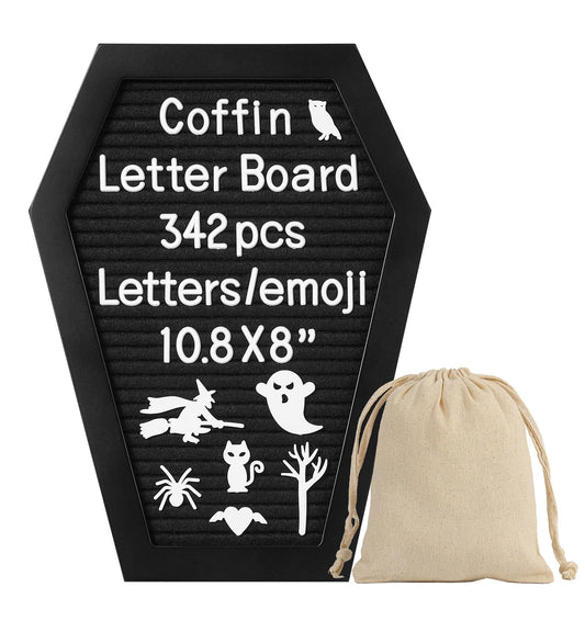 G GAMIT Coffin Felt Letter Board with 342 Changeable Letters&Numbers, 10.8”x8” Spooky Letterboard Gothic Message Board Letter Sign Board with Stand and Canvas bag for Halloween Party Christmas