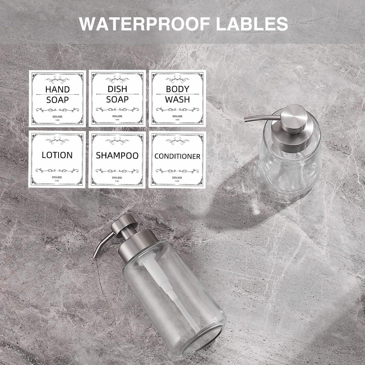 Doiliese Soap Dispenser, Glass Hand Soap Dispenser with Rust Proof Pump, 16oz Liquid Soap Container with Waterproof Labels, Dish & Hand Soap Pump for Bathroom, Kitchen, Brushed Nickel, Pack of 2