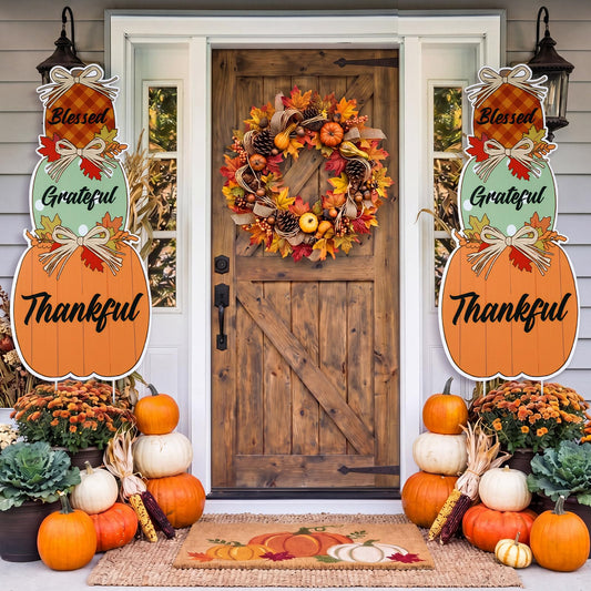 Thyle 2 Pcs Large Fall Front Porch Decoration Outdoor Pumpkin Porch Sign Yard Stake Outside Autumn Garden Stakes Harvest Welcome Decor Blessed Thankful Yard Signs for Front Door Garden Patio Lawn