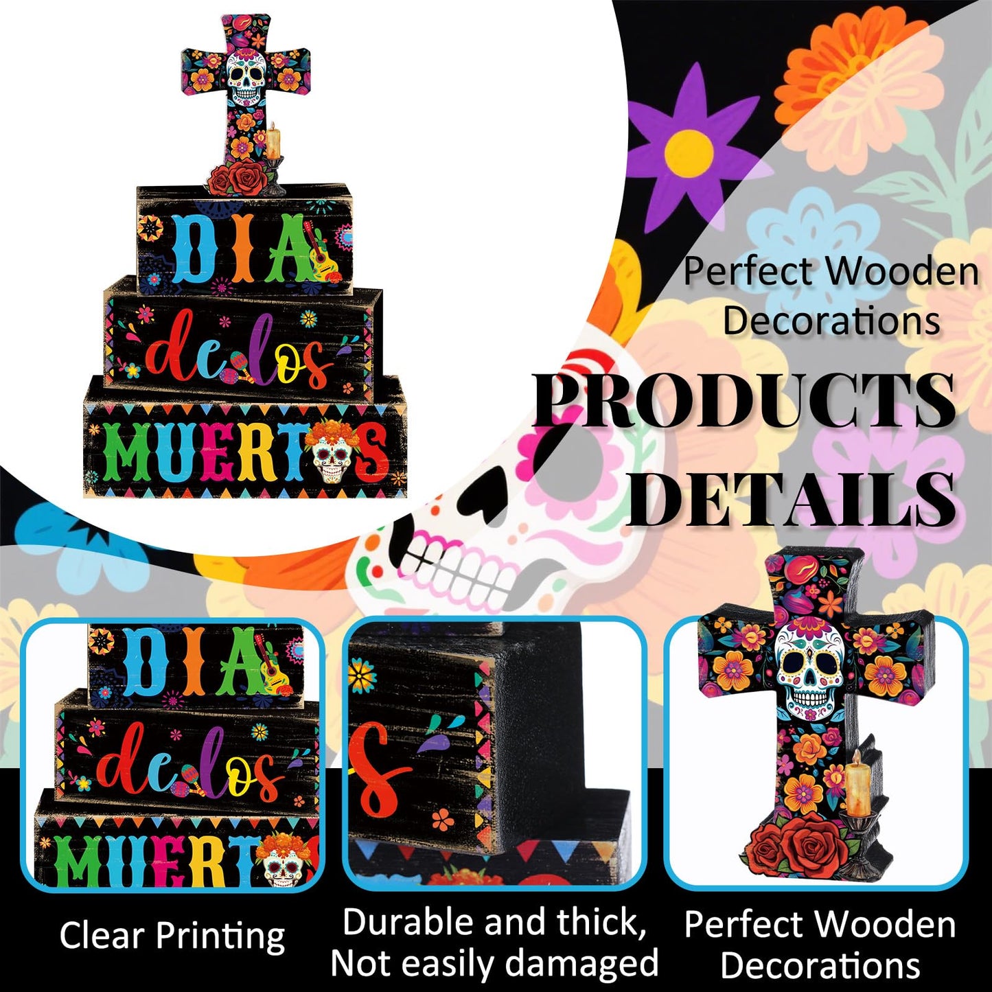 Mimorou 4 Pcs Day of The Dead Table Decorations Wooden Mexican Dia De Los Muertos Altar Centerpiece for Table Tiered Tray Decor Sugar Skull Cross Block Signs for Halloween Party Home Shelf Decoration
