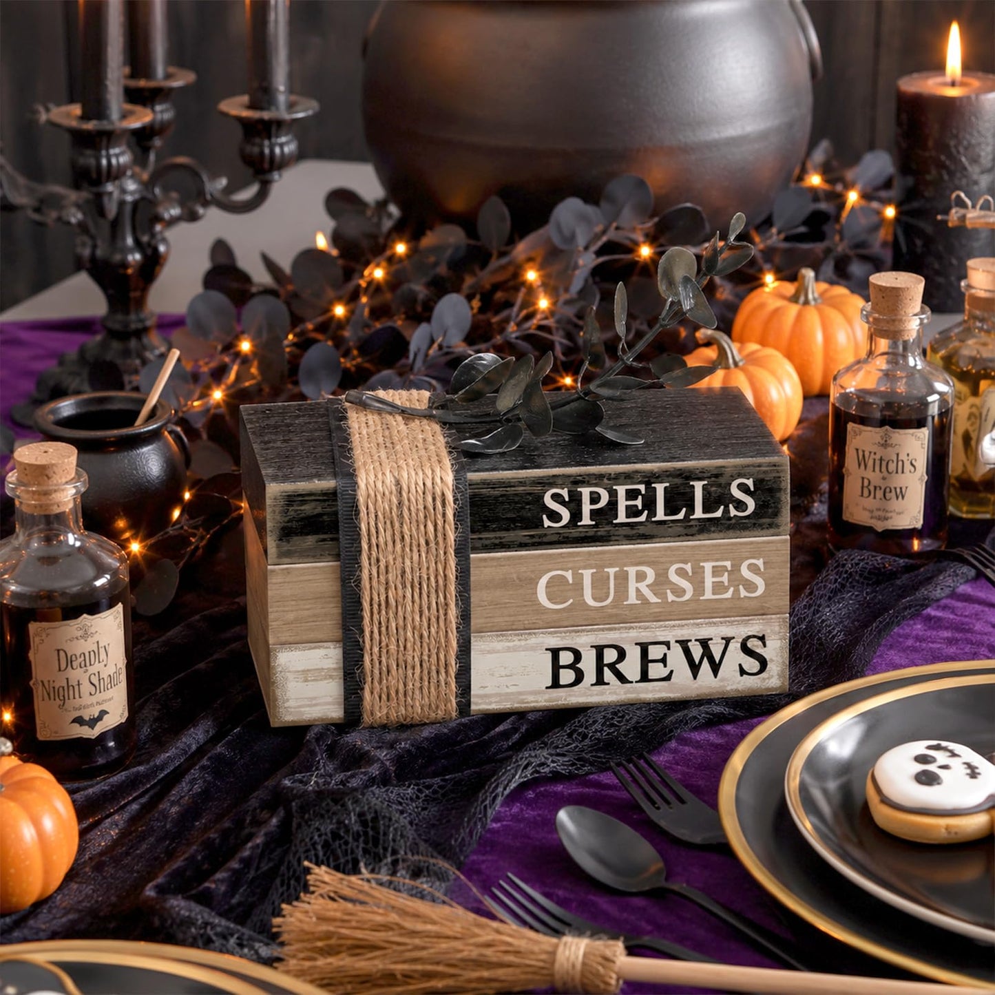 4 Pcs Halloween Table Decorations Halloween Tiered Tray Decorations Rustic Mini Eucalyptus Leaf Coffee Wooden Faux Books Stacks Centerpiece Signs for Farmhouse Office Shelf Tabletop Office Bookshelf