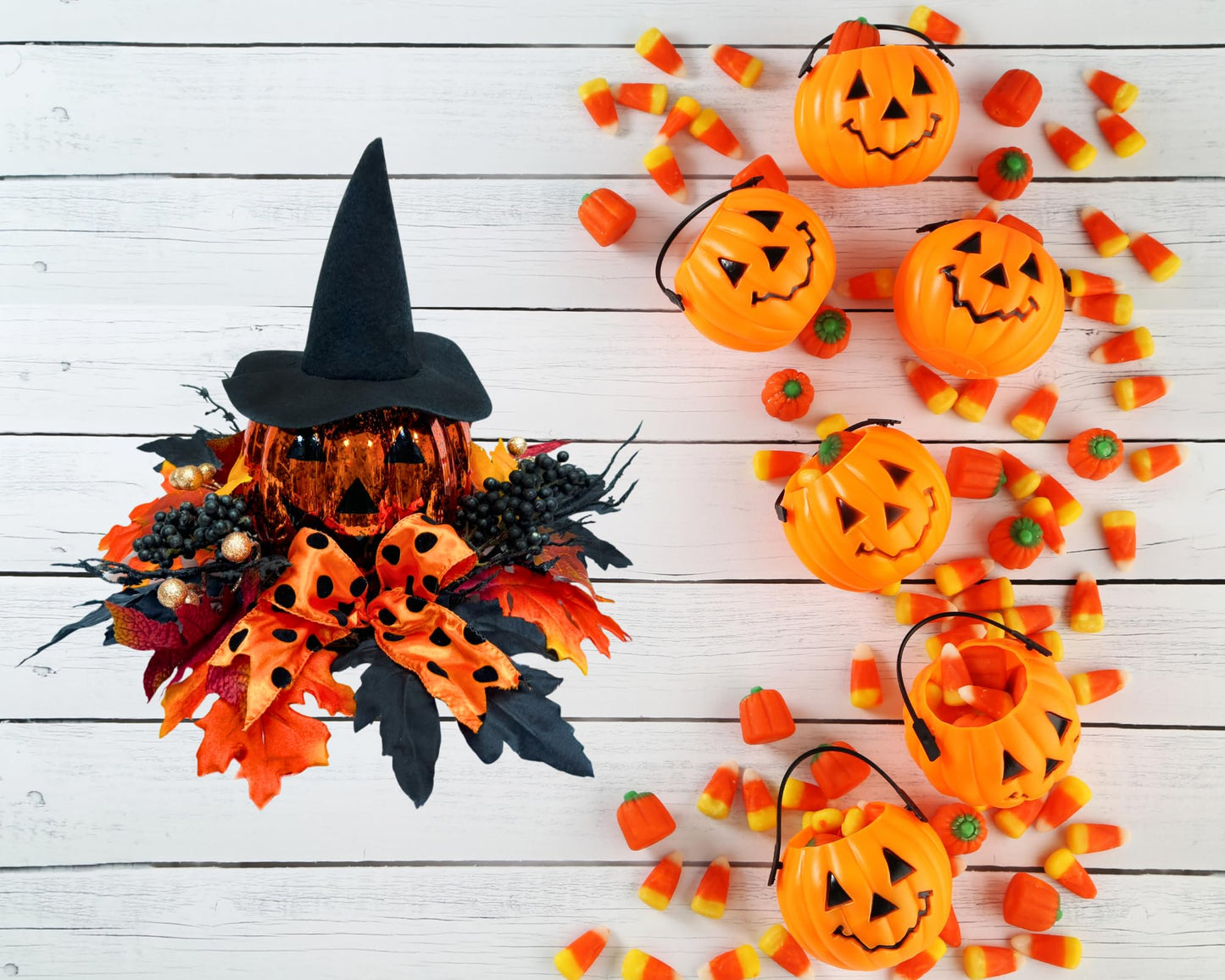 Svndlyn Lighted Harvest Pumpkin Table Decoration Indoor Outdoor Table Centerpiece with Maple Leaves Black Berries and Witch Hat for Fall Table Centerpieces Thanksgiving Halloween Decor