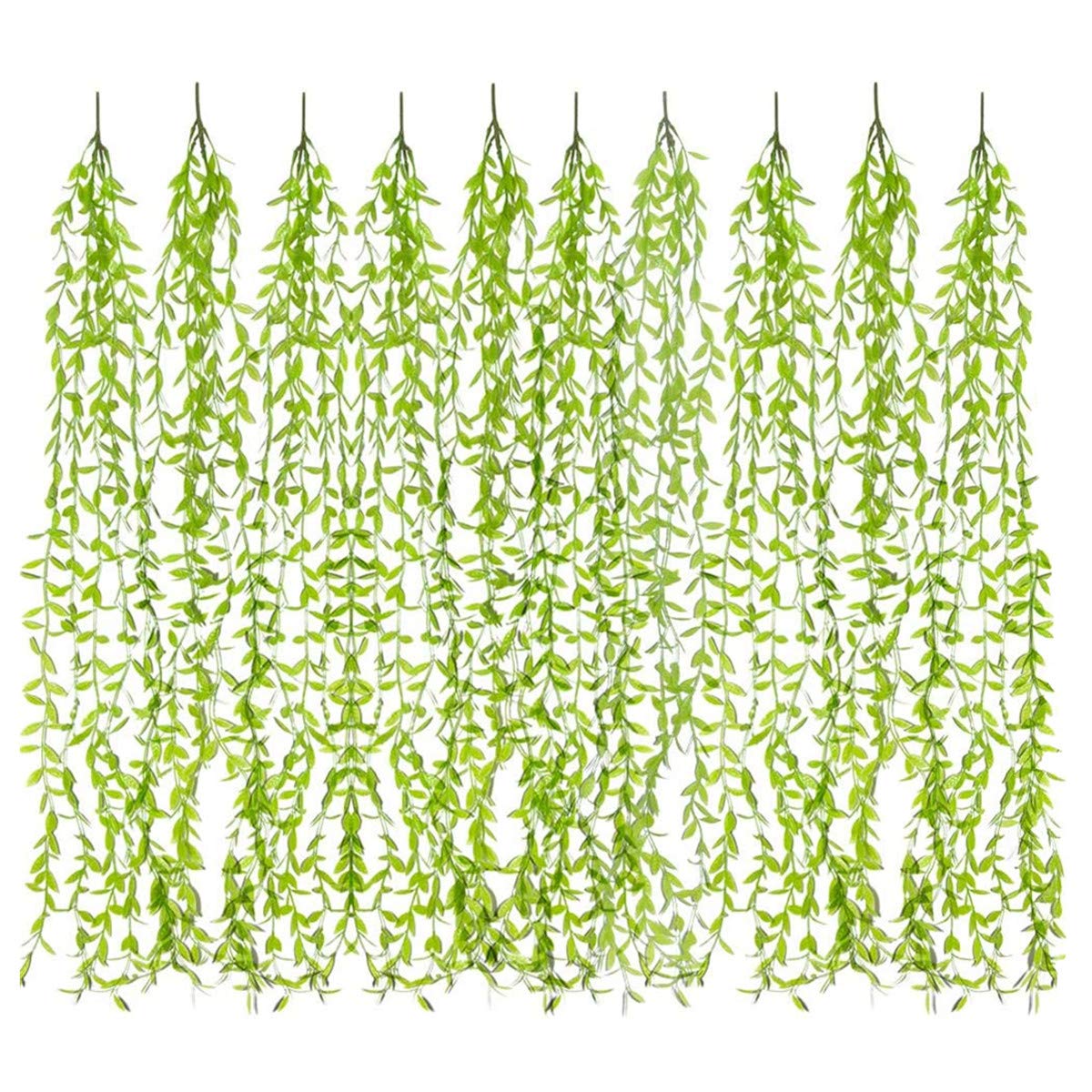 Artificial Vines, 10 Pack Hanging Ivy Fake Weeping Willow Greenery Leaves Plastic Plants Faux Garland Vine UV Resistant for Indoor Outdoor Garden Door Wall Baskets Wedding Party Decoration - Green