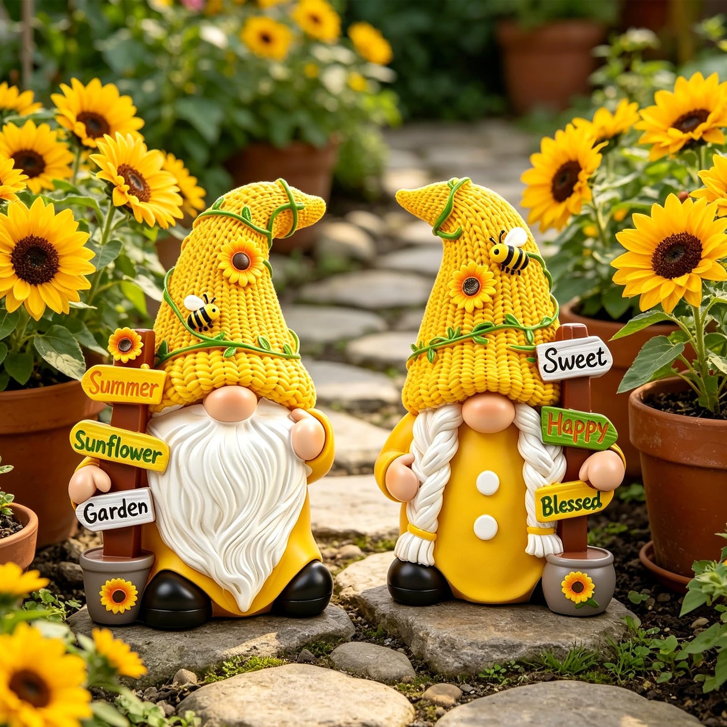 upbema Sunflower Gnome Garden Decorations 2 PCS Resin Summer Figurines Cute Indoor Collectible Statue Outdoor Ornament for Table
