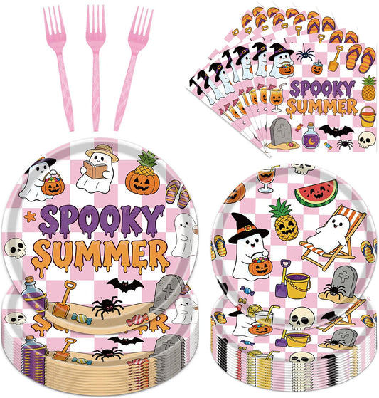 Gameza Summer Halloween Party Decorations - 96PCS Happy Summer Halloween Party Plates Napkins and Forks Disposable Tableware Set, Ghost Spooky Ween Vibes Holiday Party Supplies Decor, Serve 24