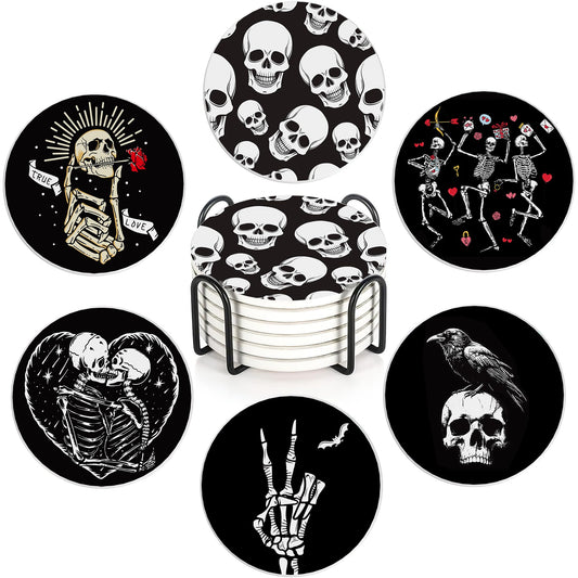Coaster for Drinks Set of 6, Skeleton Skull Absorbing Round Ceramic Stone Coaster with Cork Base,Tabletop Protection Mat for Mugs and Cups,Coffee Table Wine Glass Home Bar 4 Inch