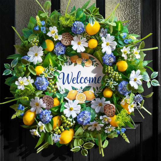 Spring Summer Wreaths for Front Door 24 Inch,Summer Wreath with Artificial Lemon,Daisy,Hydrangea & Lotus Pods,Door Wreath for Indoor Outdoor Farmhouse Home Decor