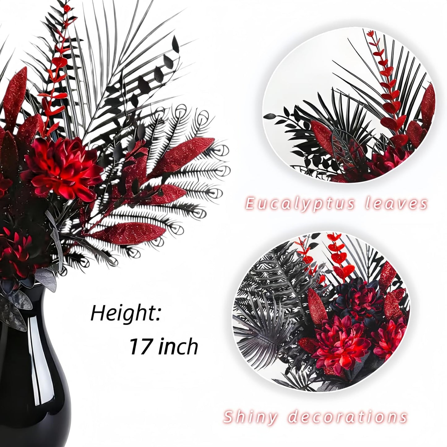 Gothic Black Red Artificial Flower Bouquets, 16-Stems Faux Silk Dahlia, Hollowed Foliage，Shining Eucalyptus Leaves, Dark Style, Themed Party，Bar Decoration，Halloween, Romantic Wedding (Without vases)