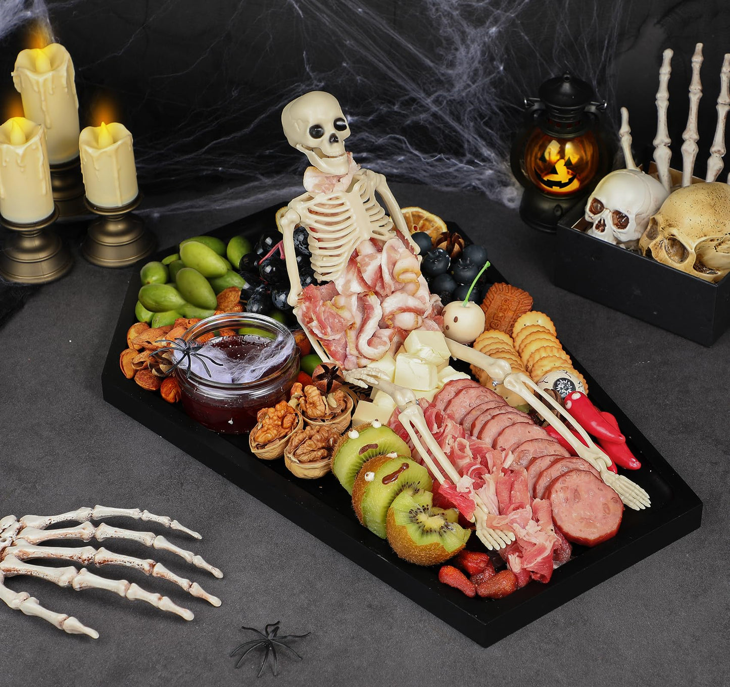 Webake Large Coffin Charcuterie Board - New Skeleton Design, 16.5" x 11.5" Spooky Serving Tray for Ample Food Display, Halloween Wooden Meat & Cheese Board, Perfect Spooky Gothic Decor