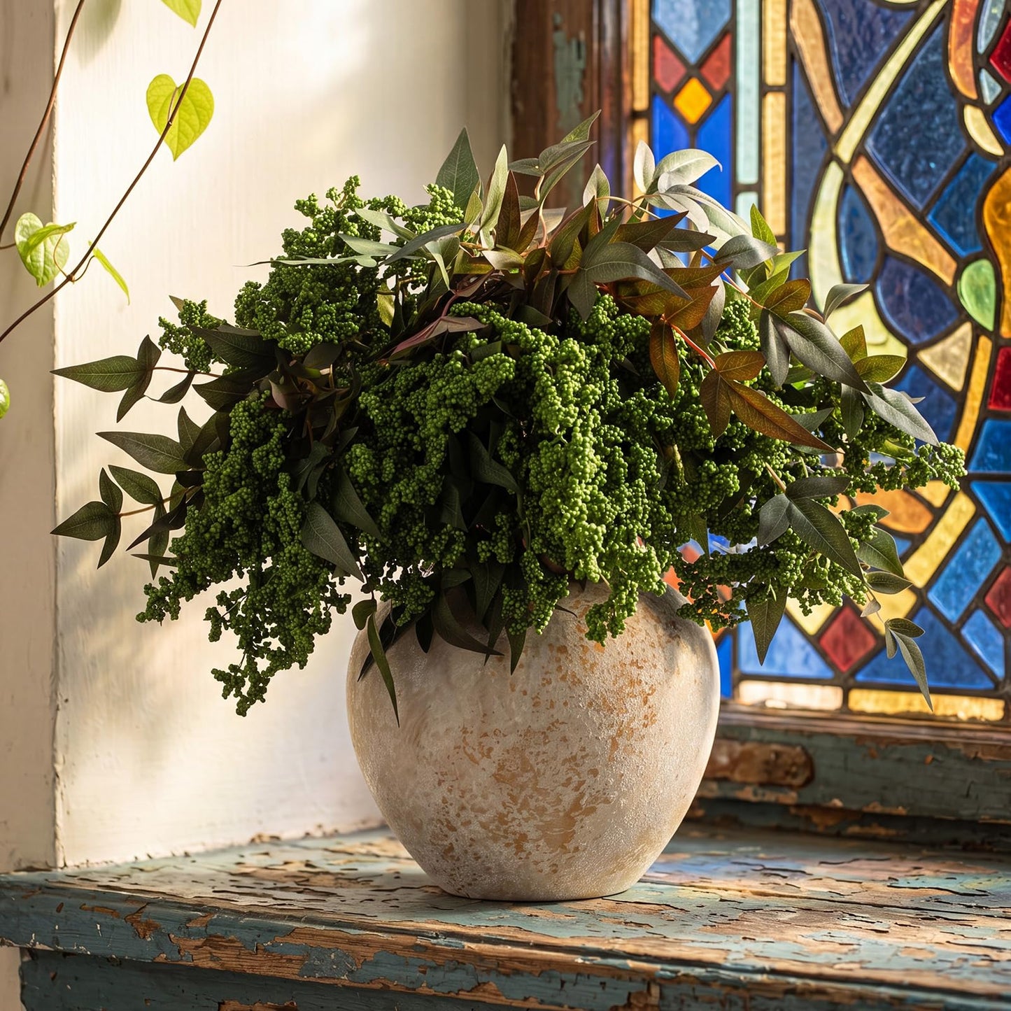 Zeyune 3 Pcs Artificial Dark Green Berry Stem Fall Faux Flowers Picks Branches Fake Realistic Sedum Stem Spray for Wedding Holiday Seasonal Farmhouse Mantel Harvest DIY Home Decorations(35 Inch)