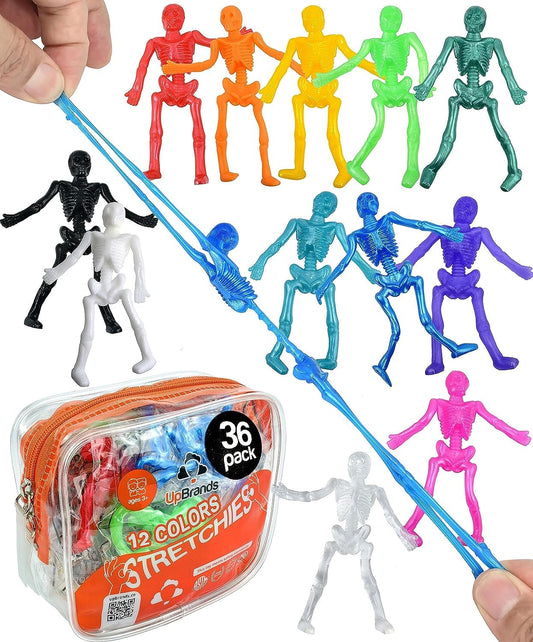 UpBrands 36 Skeleton Toys for Kids – Stretchy Halloween Party Favors, Sensory Trick or Treat Fillers, Non-Candy Goodie Bag Toys in 12 Bright Colors