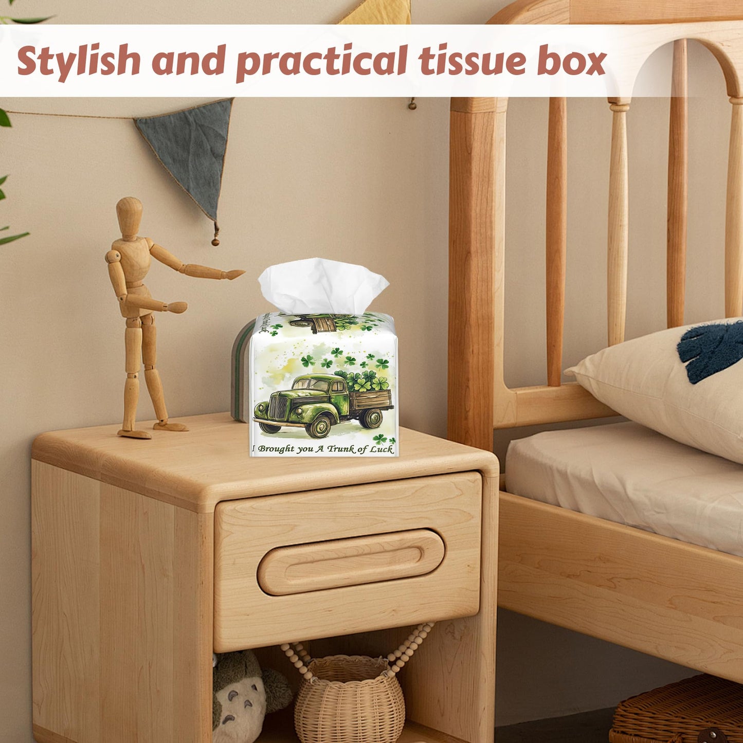 St. Patrick's Day Tissue Box Holder,Four Leaf Clover Leather Tissue Box Cover Square, Paper Facial Decorative Tissues Cover for Bathroom Home Car Nightstand Vanity Desk, 2 Pcs