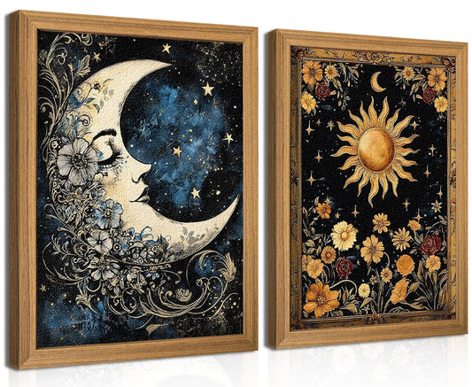 Framed Sun and Moon Wall Art Set of 2, Vintage 3D Textured Celestial Wall Decor Pictures, Gothic Mystical Tarot Floral Sandstone Paintings for Bedroom Living Room 12x16 Inch