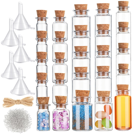 Bokon 25 Pack Mini Plastic Bottles with Corks Stoppers Eye Screws Funnels Small Potion Bottles Tiny Clear Sand Art Jar Wishing Vial for Birthday Party DIY Crafts Gift