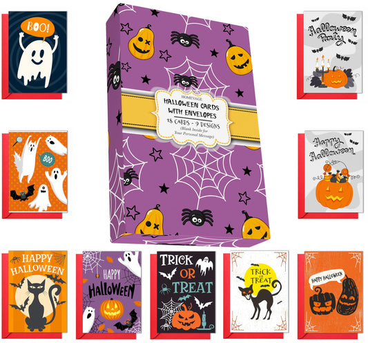 Halloween Cards with Envelopes, 18-Pack 5x7 Greeting Cards with Stickers
