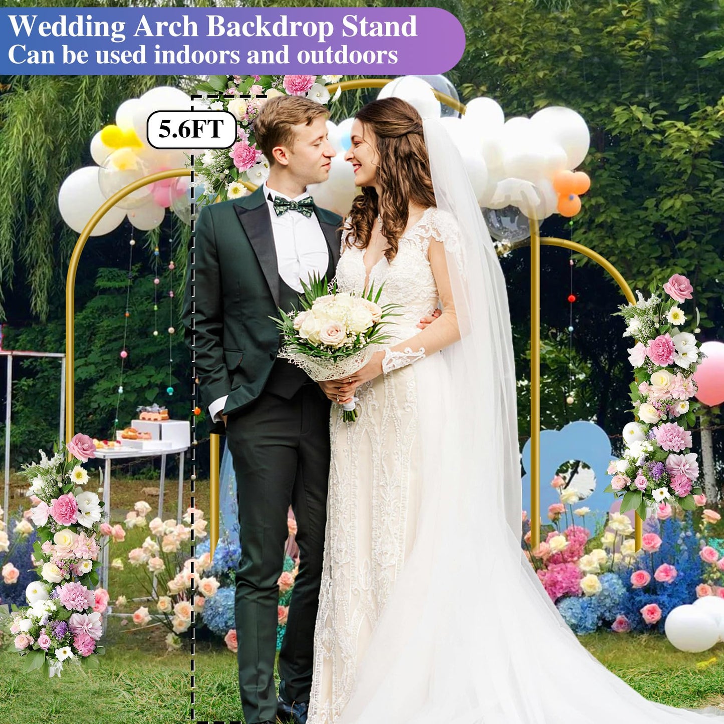 Hemmotop Metal Arch Backdrop Stand Set of 3, 6FT, 5FT, 4FT Party Arch Stands for Wedding, Birthday, Baby Shower, Bridal Shower - Balloon Arched Frame for Garden Decor, Gold Floral Arches, 3 Pieces