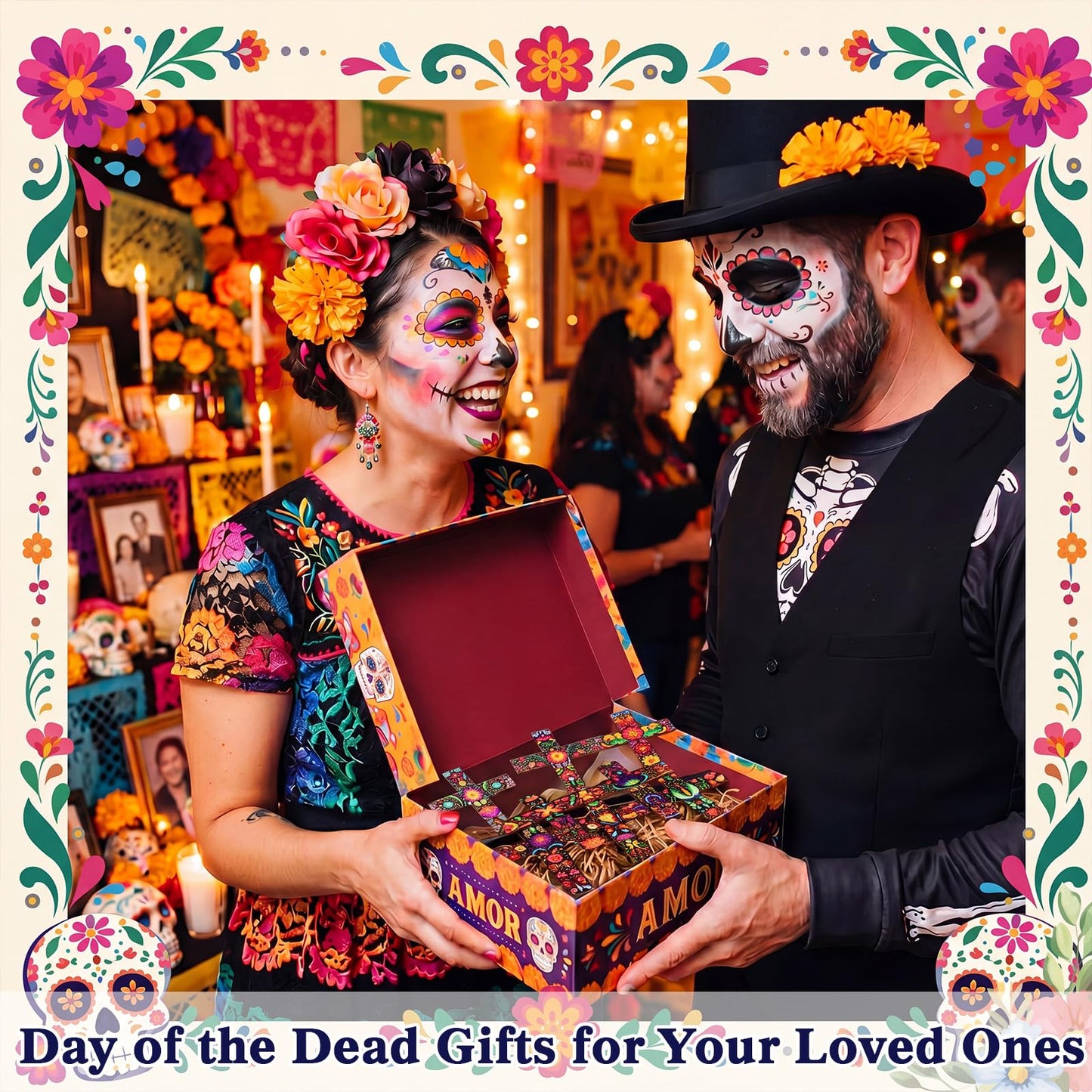 Amyhill 8 Pcs Dia De Los Muertos Altar Table Decorations Wooden Mexican Otomi Tenango Floral Folk Art Cross Centerpiece Day of The Dead Tabletop Sign Religious Cross for Home Desktop Shelf Decor