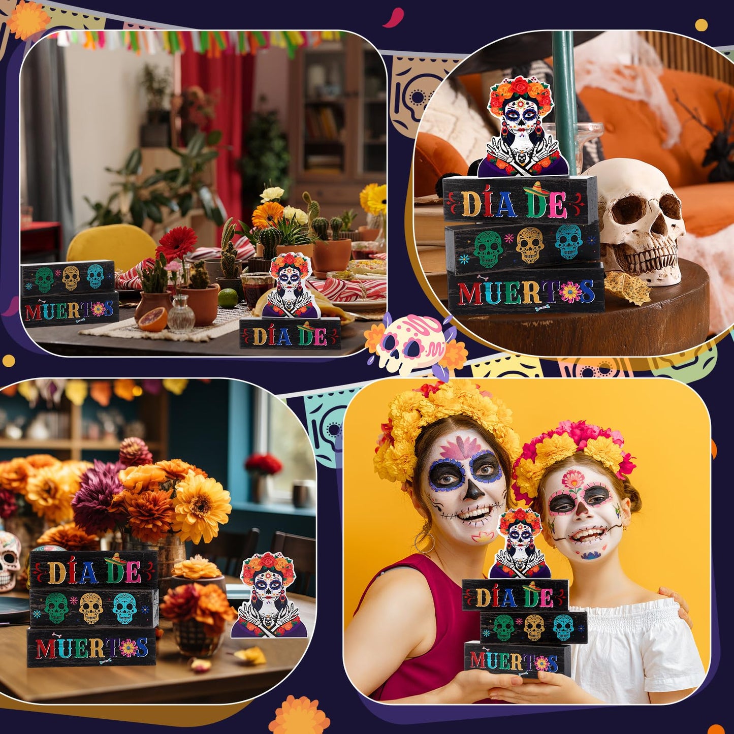 Capoda 4 Pcs Day of The Dead Table Decorations Dia De Los Muertos Tiered Tray Decor Mexican Skull Wood Tabletop 3D Desk Centerpiece for Halloween Fiesta Carnival Party Decoration Supplies