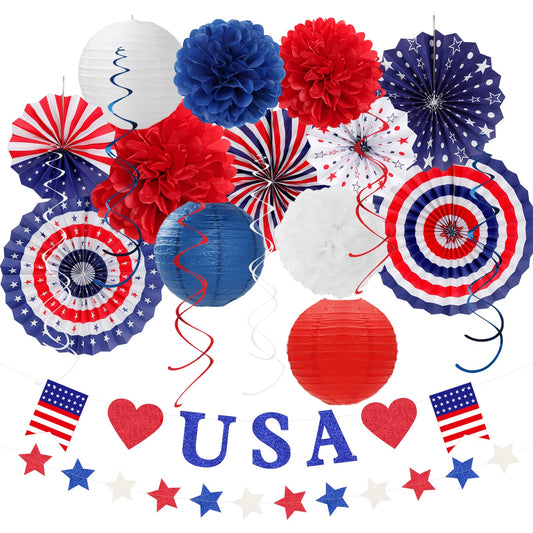 Red-White Blue Memorial-Day Patriotic Decorations - 21pcs 4th Fourth of July Americana Banner Garland,Independence Party Decor Paper Streamers Lanterns,Flower Tissue Pom Poms Fan Supplies Huglony