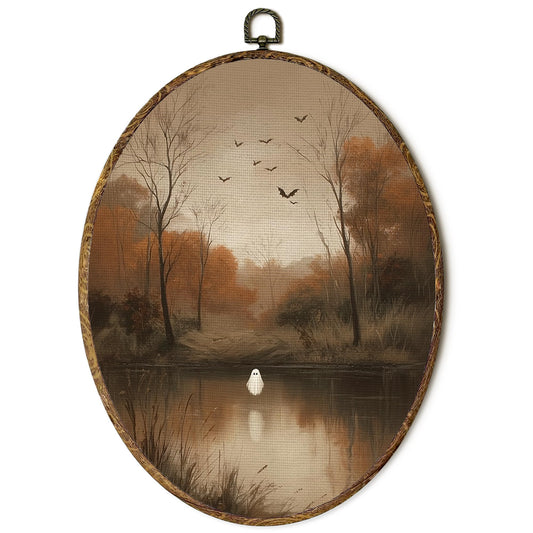 FSTCSV Fall Halloween Ghost Oval Wall Art Framed, Dark Academia Ghost Lake Canvas Prints Wall Hanging Art, Rustic Vintage Autumn Fall Halloween Oval Walls Decor for Home Living Room, 8.8x11.5in