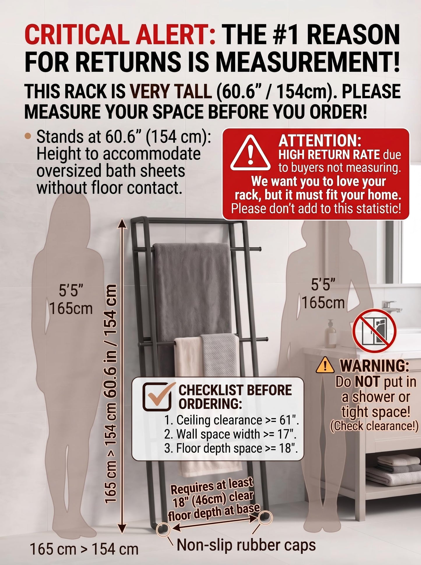 CANYAVE Metal Leaning Ladder Towel Rack, 4-Tier Blanket Stand for Bathroom Living Room, No Drilling Quilt Storage Organizer (Matte Black)
