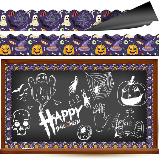 JYNTERPLAY 30Pcs Halloween Magnetic Bulletin Board Borders for Classroom Spooky Pumpkin Ghost Spider Web Bat Purple Border Strips Die Cut for Whiteboard Chalkboard Office Decor