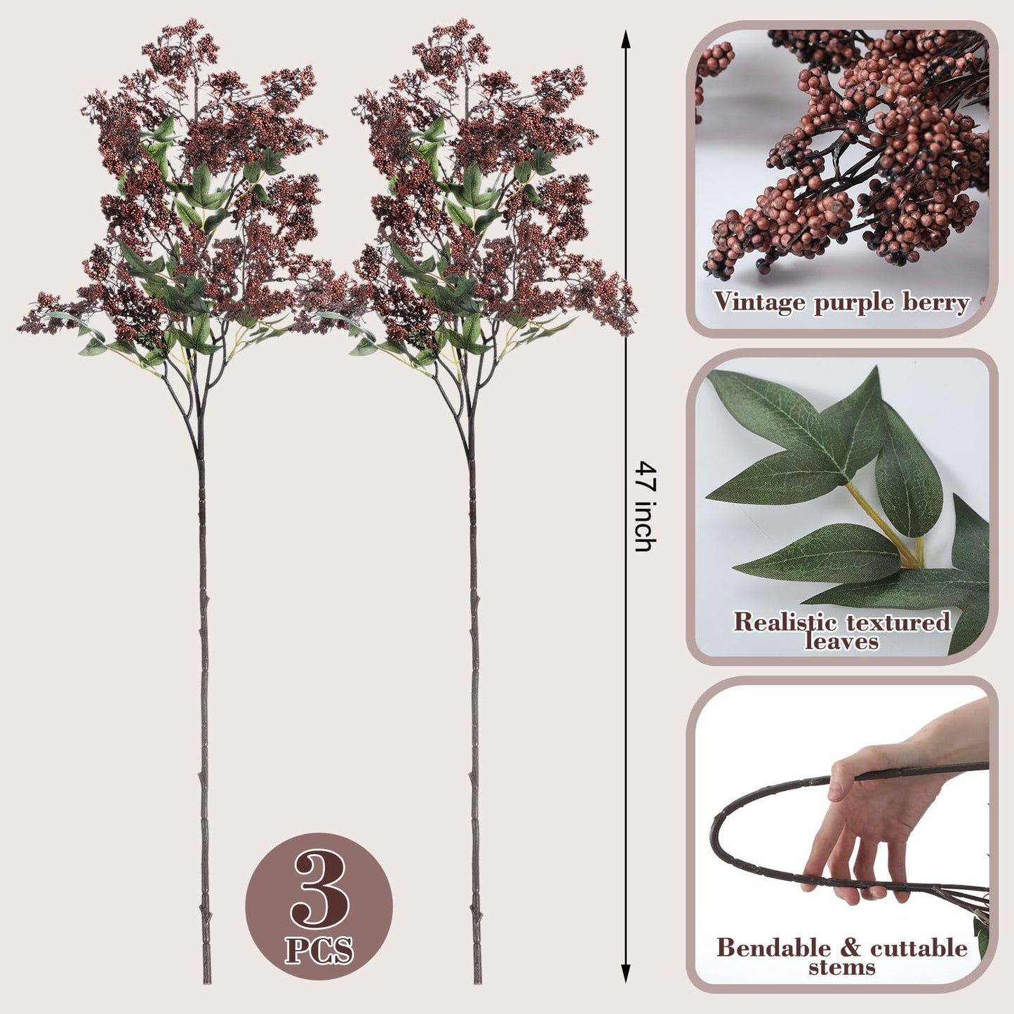 Suncalla 3 Pcs Brown Artificial Nandina Berry Stem for Vase, 47 Inch Dusty Plum Faux Berry Spray Fake Plant Branches with Stems Filler Farmhouse Fall for Home Decor Wedding Holiday Table Mantel Shelf