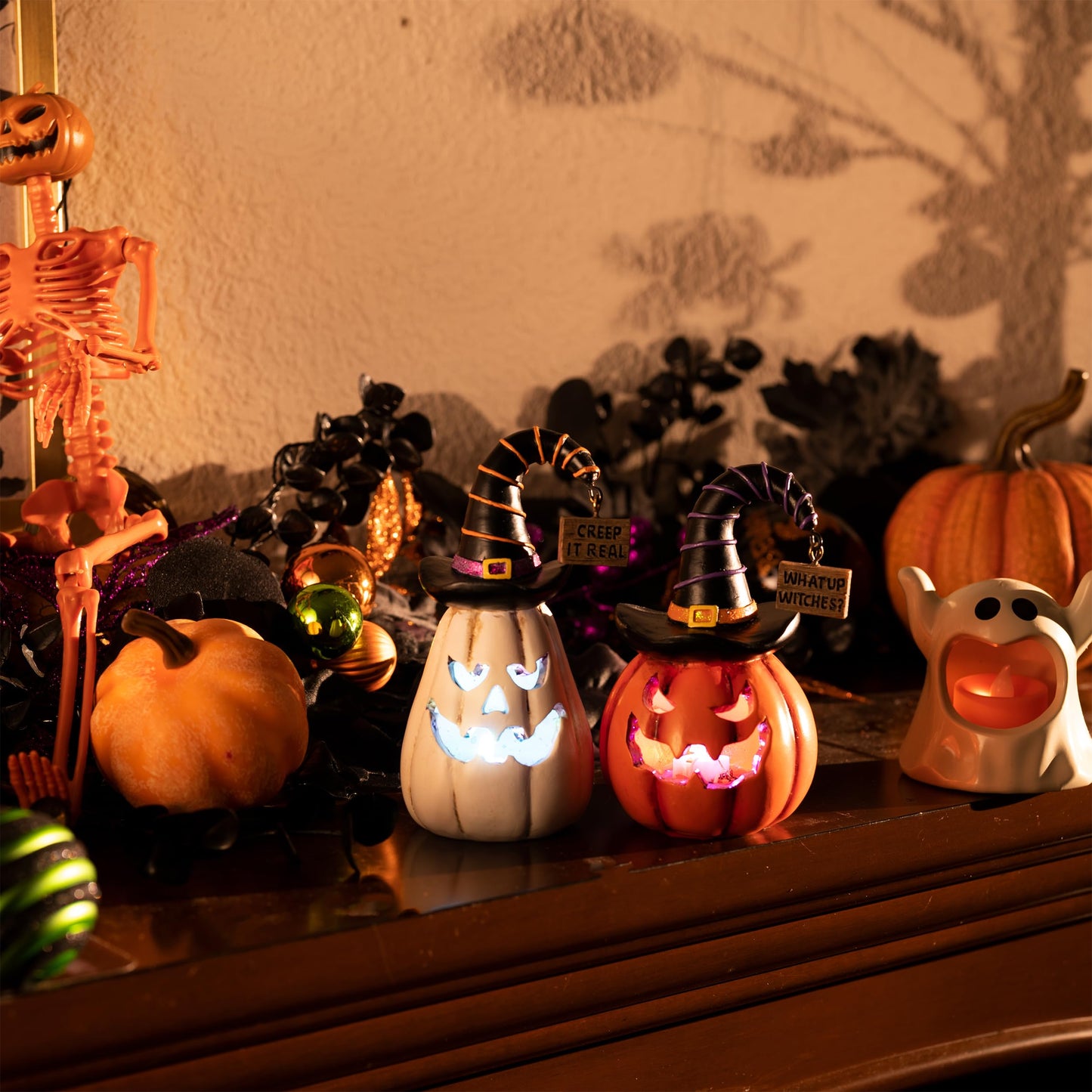 Valery Madelyn Pumpkin Halloween Decorations Indoor for Home, 2Pcs Resin Halloween Figurines with Light, White and Orange Jack o Lantern Decor with Witch Hat for Table Tiered Tray, 5.7" Tall