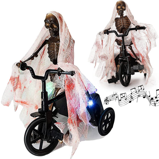Animated Skeleton Riding Bike Prop – Moving Halloween Decoration with Lights and Spooky Sounds, Creepy Corpse Animatronic for Indoor & Outdoor Haunted House, Scary Yard Decor, Funny Novelty Skeletons