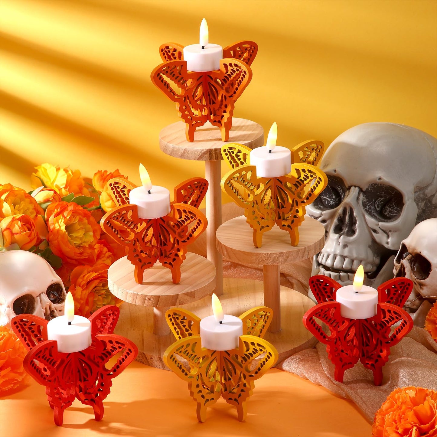 6 Pcs Day of The Dead Hollow Wooden Butterfly Candle Holder Dia De Los MuertosTable Centerpiece for Home Tabletop Decor Mexican Party Day of The Dead Altar Decorations Halloween Party Favors