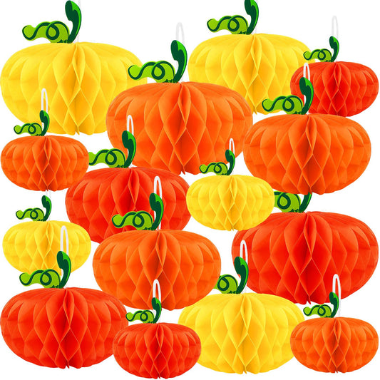BOARDFEB 15PCS Pumpkin Honeycomb Decorations, Orange Red Yellow Honeycomb Fall Hanging Ornaments for Autumn Thanksgiving Party Favor Supplies