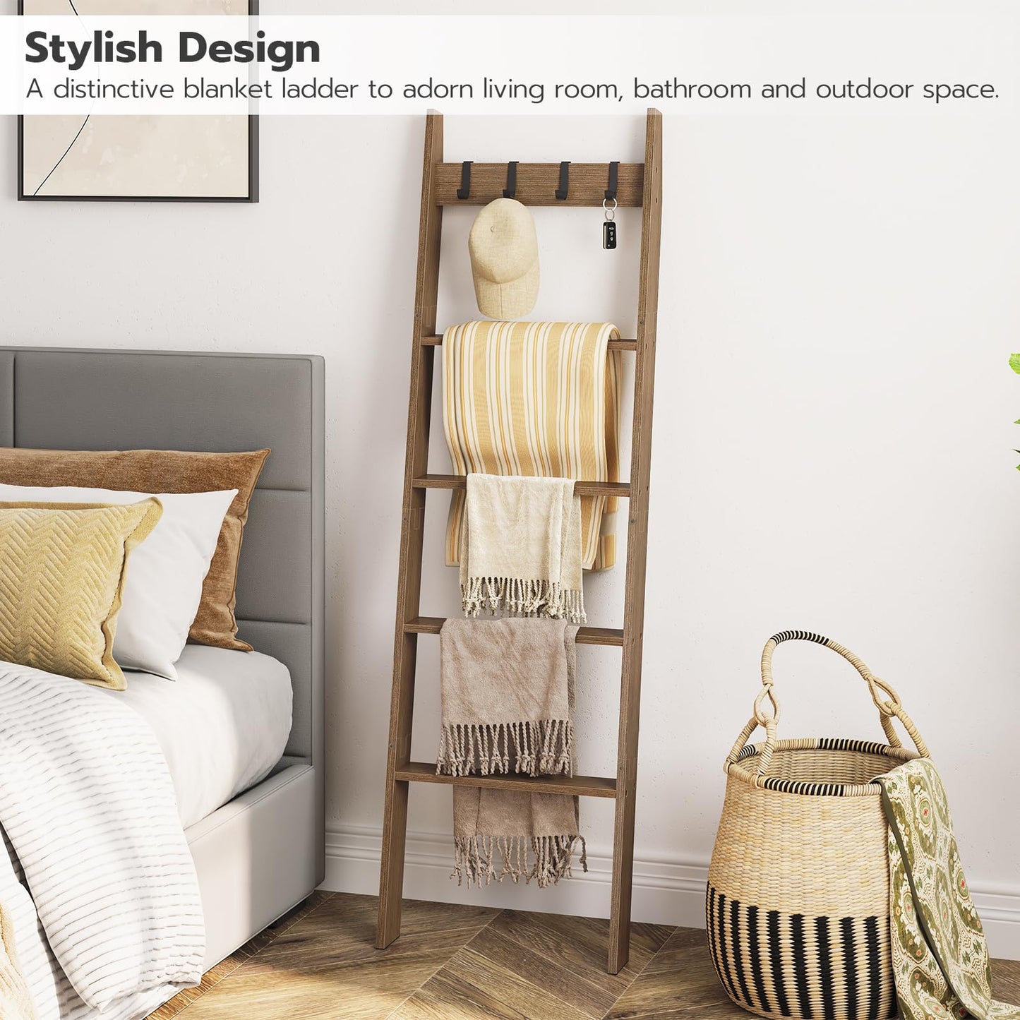 HOOBRO Blanket Ladder, 5-Tier Towel Rack with Hooks, Wall-Leaning Blanket Rack, Decorative Display Ladder Shelf, Scarves, Living Room, Bedroom, Bathroom BF52-51CJ01