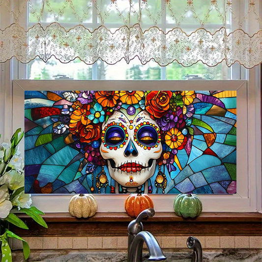 HOMETITUTE Day of The Dead Window Film 39.3x17.7 Inch Sugar Skull Cling Dia de Los Muertos Gothic Halloween Window Sticker for Glass Decor Calavera Removable Window Art for Home Office