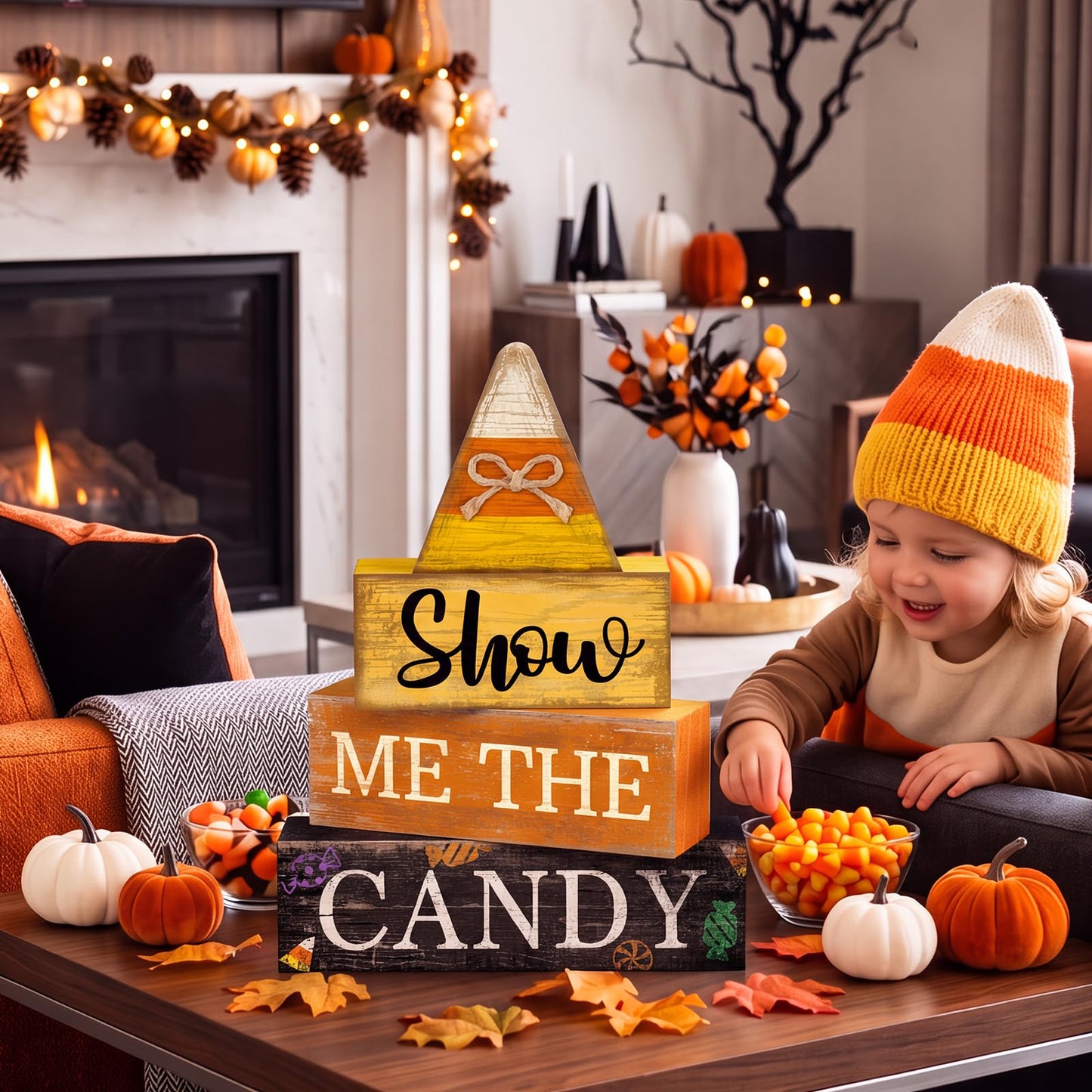 Lineshading 4 Pcs Halloween Table Decoration Candy Corn Wooden Stacked Block, "Show Me the Candy" Signs with Candys Corn Topper, Halloween Tiered Tray Decor Rustic Fall Decor for Home Office Kitchen