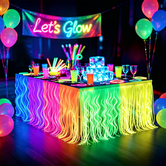 Glow in The Dark Party Supplies, 4 Pack Neon Party Decorations, 6 Fluorescent Colors Wavy Metallic Tinsel Foil Fringe Table Skirts, UV Black Light Reactive for Birthday Disco Glow Themed Party Decor