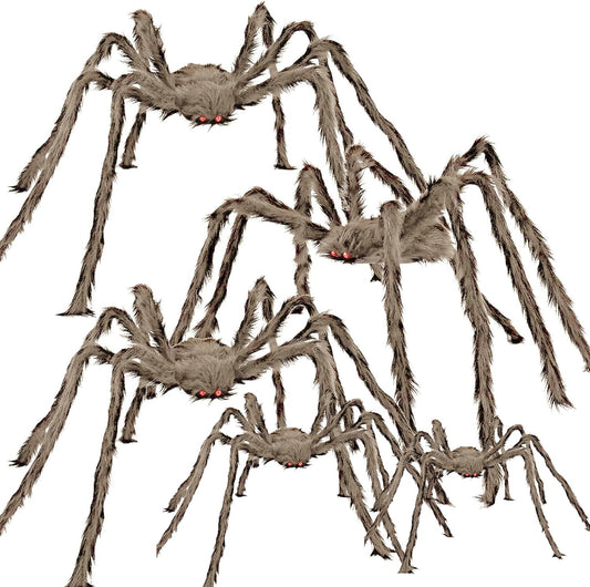 wymulot Halloween Giant Brown Spider 5 Pack 5Ft 4Ft 3.2Ft 2.5Ft 2 Ft Realistic Large Scary Hairy Spiders Sets for Halloween Decorations Indoor Outdoor and Yard Creepy Decor