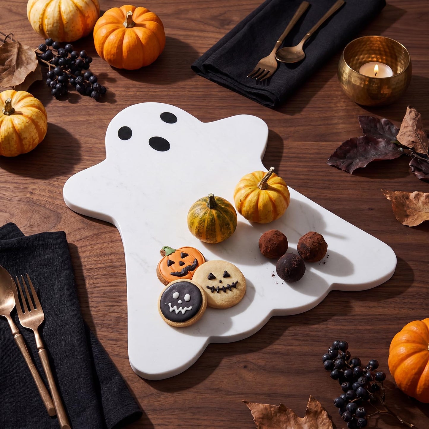 Reallnaive White Ghost Marble Cheese Board Halloween Charcuterie Serving Tray Marble Cutting Board for Cheese, Snacks, Appetizers and Kitchen