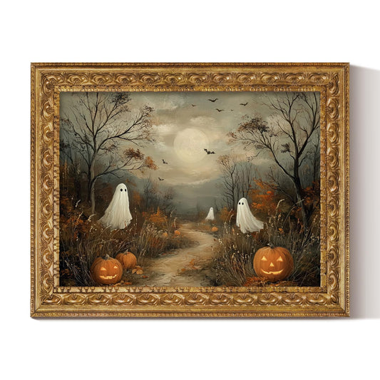 VIYYIEA Vintage Halloween Ghost Landscape Wall Art, 11x14 Gold Framed Canvas, Cozy Spooky Ghost Painting with Pumpkins, Gothic Dark Academia Fall Decor for Living Room Bedroom Entryway
