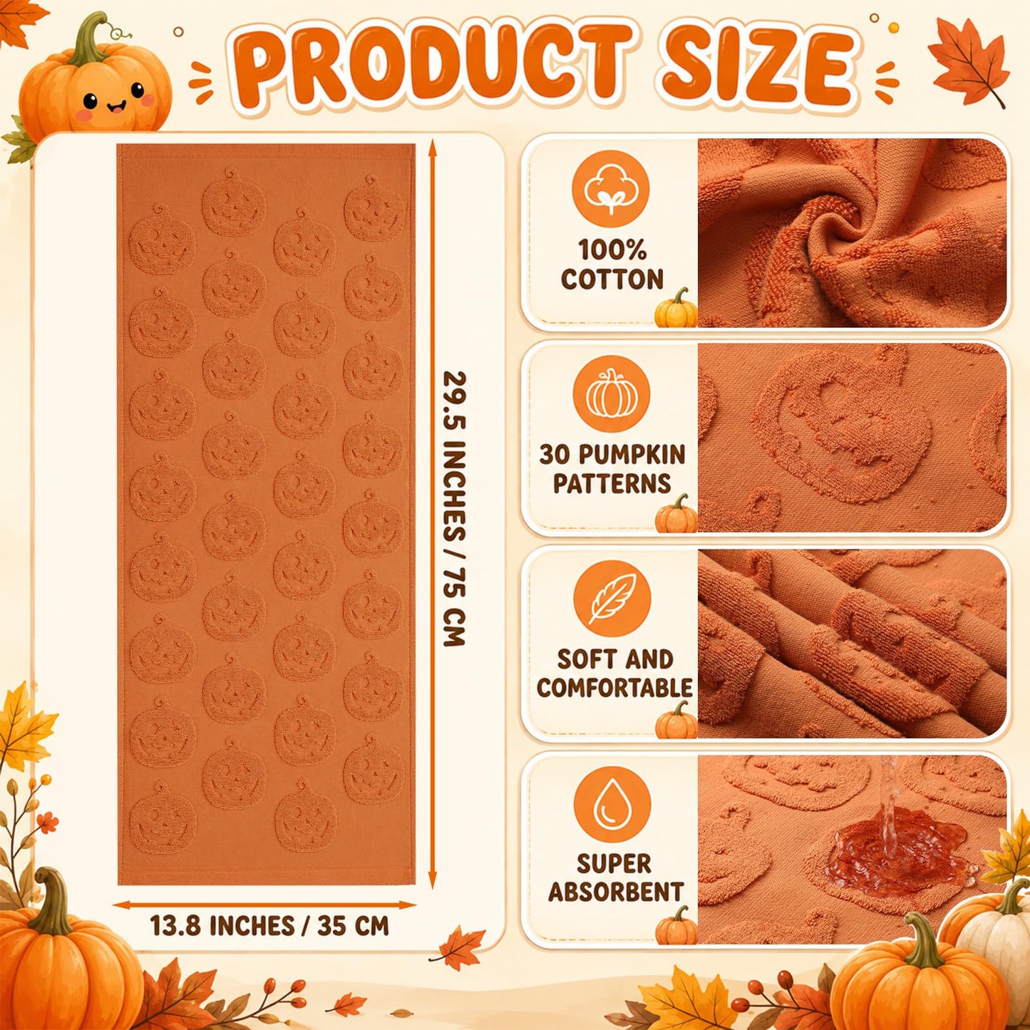 Remagr 3 Pcs Halloween Hand Towels Set for Bathroom Spooky Pumpkin Decor 100% Cotton Jacquard Bath Towels 29.5 x 13.8 Inch Orange Black White Soft Kitchen Towel Gift for Home Bathroom Fall Decor