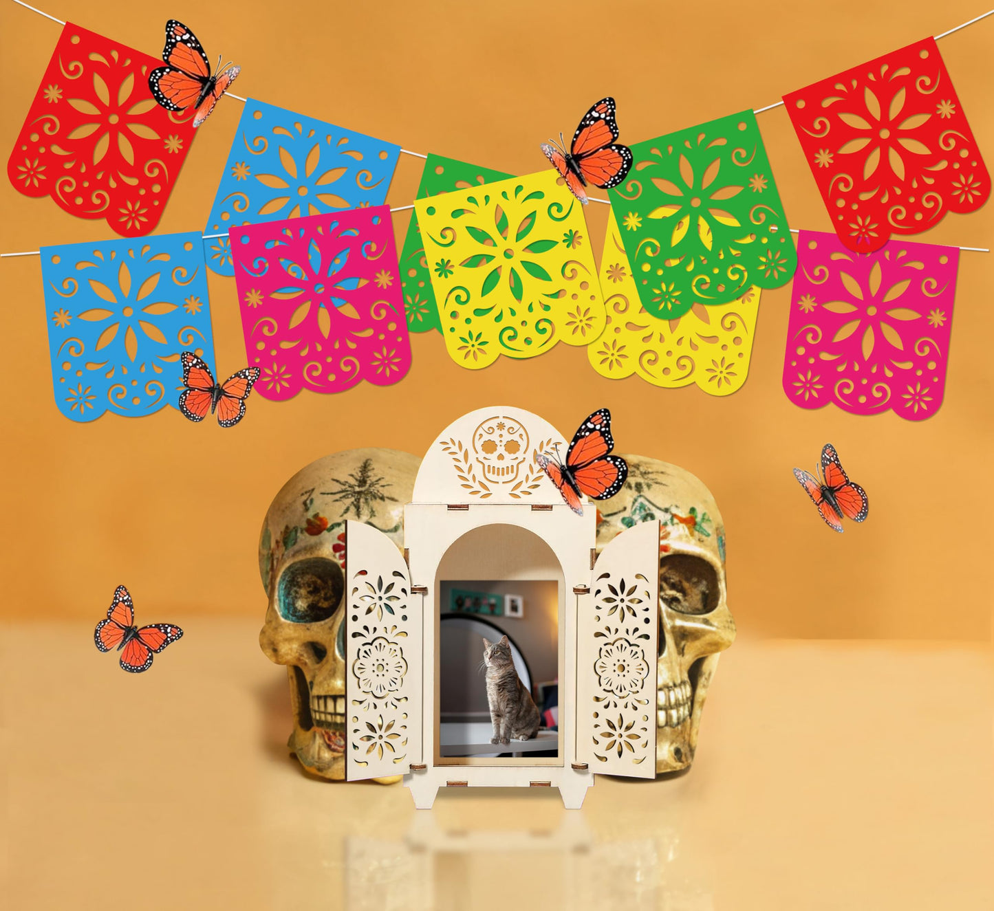 10Pcs Dia De Los Muertos Decorations Wooden Shadow Box Day of The Dead Ofrenda Altar Decor with Papel Picado Butterfly Remembrance Supplies
