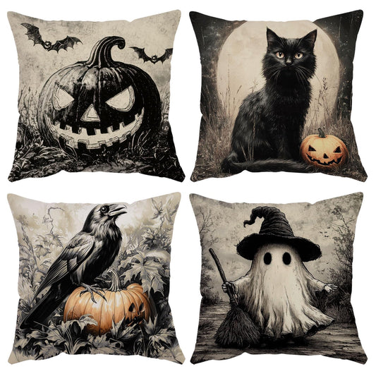 Neatee Living Halloween Pillow Covers 18x18 Set of 4 Velvet Vintage Pumpkin Ghost Cat Spider Crow Pillow Case Halloween Cushion Covers for Outdoor Couch Sofa Home Decorations (18 by 18)
