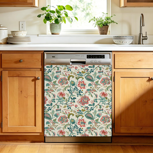 Mexico Vintage Floral Dishwasher Cover Magnet, 23 x 26 Inch Trimmable Magnetic Sticker for Dishwasher Front Panel, Easy Clean Decor for Fridge