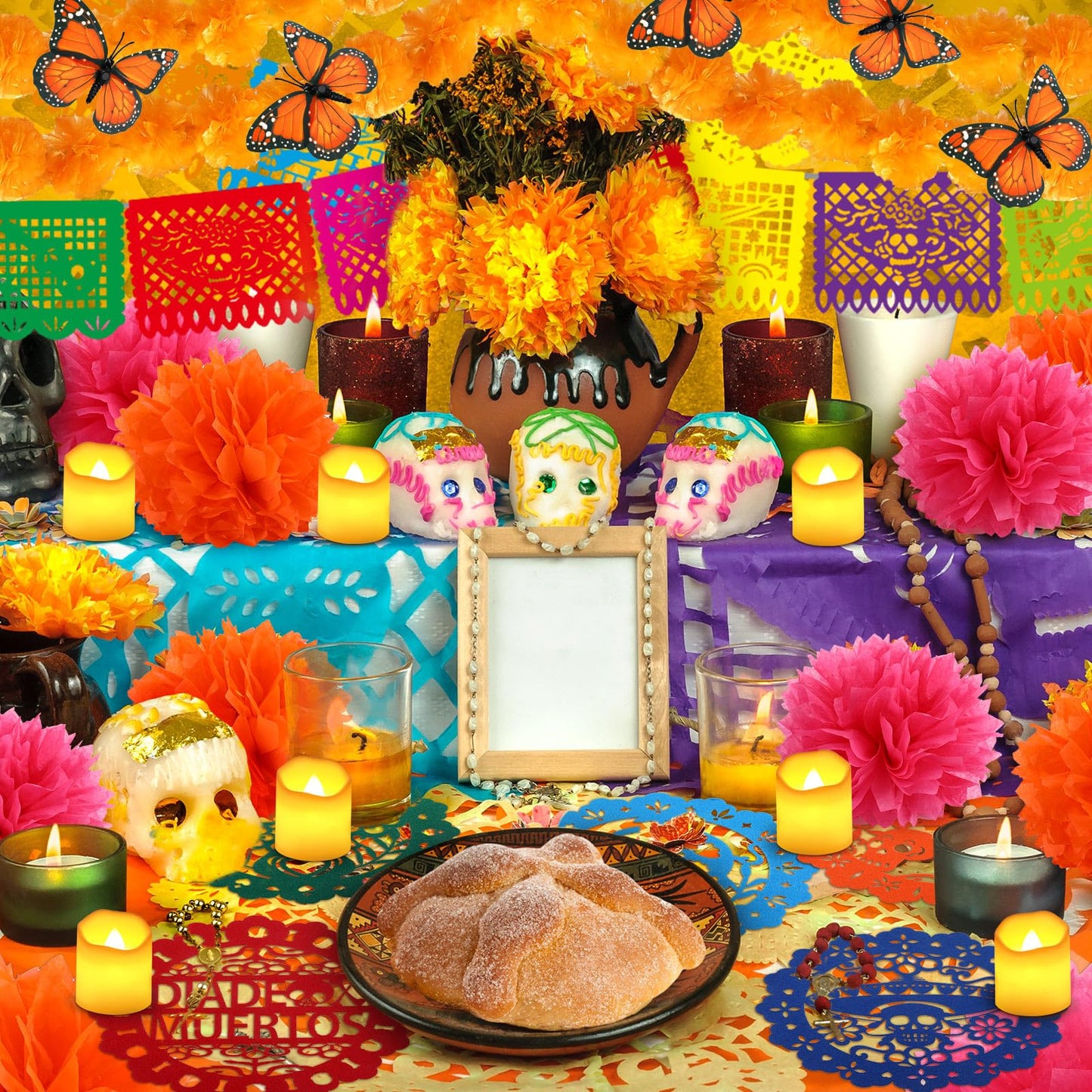 Fulmoon 46 Pcs Day of The Dead Altar Decoration Dia De Los Muertos Decor Include 4 Marigold Garland 12 Flameless Candles 2 Mexican Banner 12 Monarch Butterfly 6 Marigold Flower Head 10 Paper Dollies