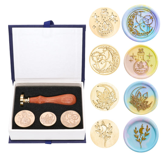 SWANGSA Wax Seal Stamp Set, Vintage 4 Pieces Magic Bottle, Moon Flower Plant Sealing Wax Stamp Heads + 1 Wooden Handle Sealing Stamp Kit