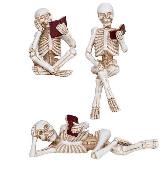 Dawbun 3 Piece Halloween Indoor Decor Figurines Sitting Skeleton Statue Halloween Decorations mini Reading Skull Figurine Home Decor for Living Room Table Shelf Ornament