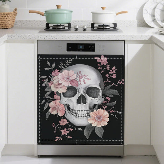 Skull Dishwasher Magnets Decorative Cover,Flowers Magnet Fridge Panel Decal for Home Kitchen Decor,23x26 in